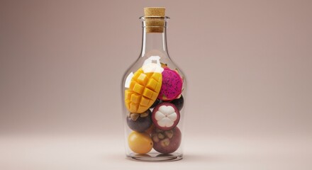 Exotic Fruits in Glass Bottle: Mango, Dragon Fruit, Mangosteen Still Life