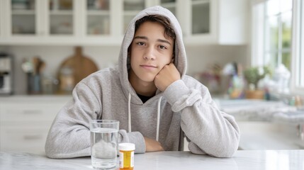 Teen in grey hoodie reflecting at kitchen table with glass and bottle