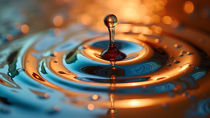 A captivating macro shot of a water droplet creating ripples with warm, inviting light reflection, close up