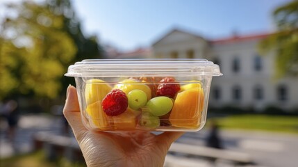 Fresh fruit mix in a clear container held outdoors on a sunny day