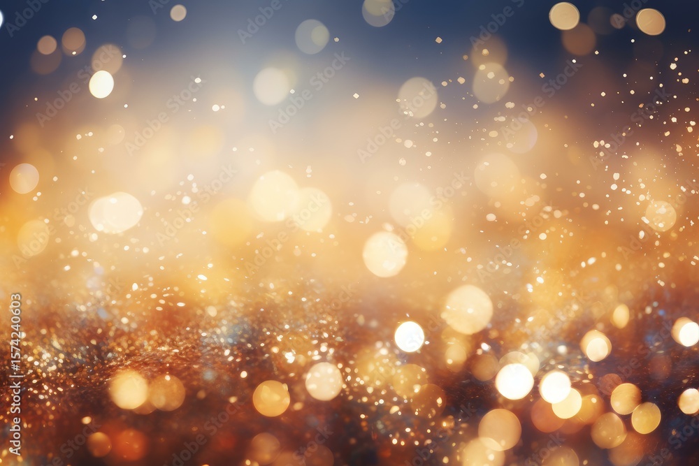 Poster abstract golden background with sparkling glittering particles and blurred bokeh lights creating a f