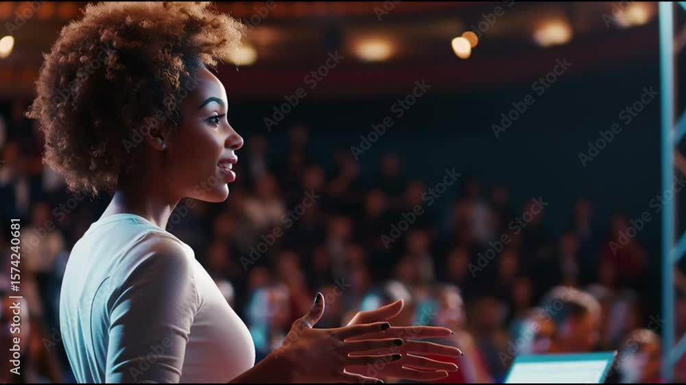 Poster dynamic speaker captivates audience with inspiring message during a live event in a grand theater