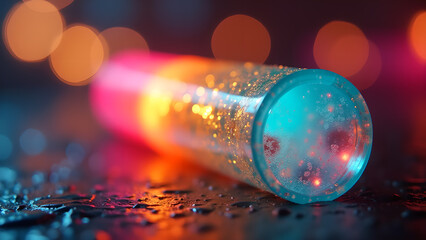 Illuminated glass container filled with a luminous liquid creates a mesmerizing display and colorful background