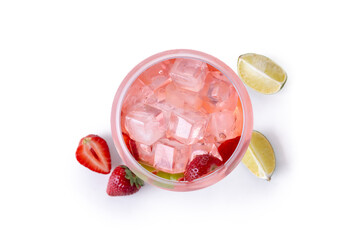 Strawberry gin tonic cocktail isolated on white background. Top view