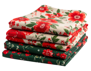 Floral Print Folded Cloth with Red Blossoms and Green Leaves, Transparent PNG