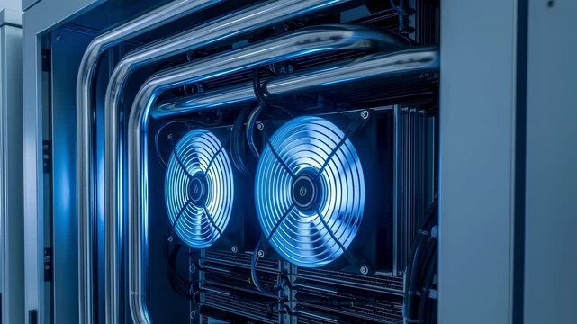 Industrial cooling system with illuminated fans and metal pipes, showcasing high tech equipment used in modern data centers for efficient thermal management and optimal performance
