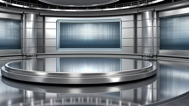 Virtual production studio features sleek metallic design with high-tech lighting and empty stage set for diverse performances and events