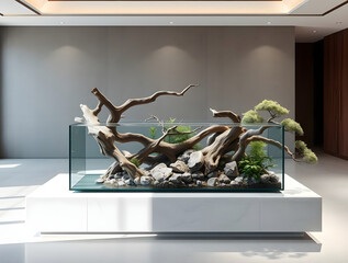 a sculptural aquascape aquarium seamlessly integrated into a minimalist modern interior
