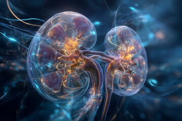 Obraz premium Transparent human kidneys glowing with energy internal organs