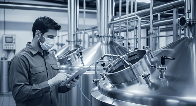 Worker Inspecting Brewery Equipment with Tablet Wearing Mask for Safety