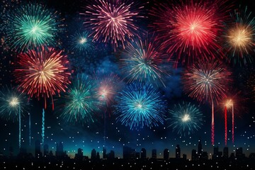 Naklejka premium Brightly colored fireworks illuminating the night sky above a city skyline