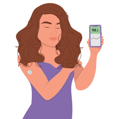 Diabetic woman with continuous glucose monitor on her arm. A woman uses a mobile application for diabetics. National Diabetes Awareness Month.