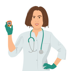 Female doctor with glucometer on white background. Woman in rubber gloves showing digital glucometer. Vector illustration
