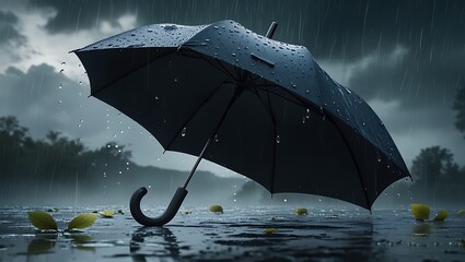 Black Umbrella in Heavy Rain, Dramatic Moody Atmosphere, Dark Clouds, Fallen Leaves