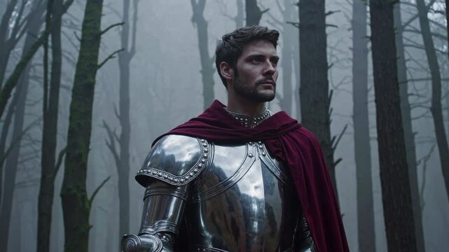 A knight on horseback rides through a misty forest. The side angle captures the mysterious, cinematic video style of the scene.