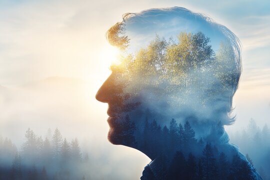 Silhouette of a Human Head with Nature Inside, Symbolizing Environmental Awareness and the Connection Between Humans and Earth for Earth Day Campaigns and Business Sustainability Initiatives