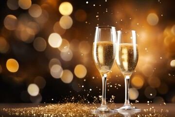 Two elegant champagne glasses bubbling over a golden glittery surface, against a backdrop of festive bokeh lights, create a luxurious celebration atmosphere