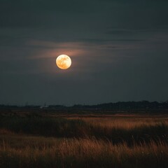 Majestic Full Moon Over Serene Landscape at Dusk with Clouds
