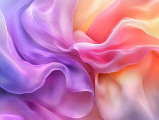 Fototapeta premium Vibrant, flowing fabric in pastel shades of purple, pink, and orange creates dreamy, soft texture. delicate folds and smooth surface evoke sense of elegance and tranquility