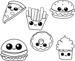Kawaii Food Set – Cute Cartoon Snacks Coloring Page and Line Art Clipart Vector