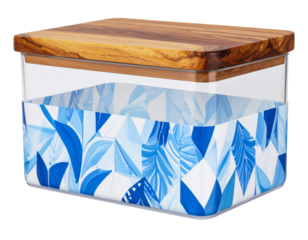 Side Angle of Clear Food Container with Rustic Wooden Lid and Blue Abstract Wrap – Transparent PNG.