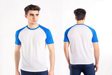 Front and back view of a man wearing a white t-shirt with blue raglan sleeves and jeans on a neutral background