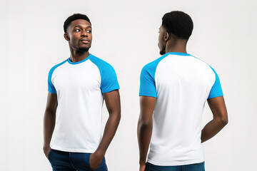Front and back view of a man wearing a white t-shirt with blue raglan sleeves and jeans on a neutral background