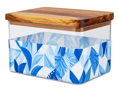  Side Angle of Clear Food Container with Rustic Wooden Lid and Blue Abstract Wrap – Transparent PNG.