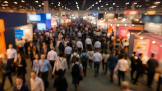 Busy Trade Show Crowd:  Dynamic Aerial View,  Immersive Atmosphere