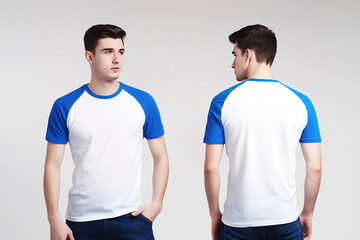 Front and back view of a man wearing a white t-shirt with blue raglan sleeves and jeans on a neutral background