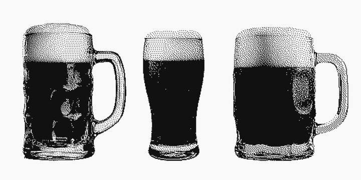 BeerPixel halftone illustration of beer mugs and pint glass with foam. Vintage magazine cutout style. Perfect for Oktoberfest designs, pub menus, posters, bar branding, and craft beer promotions. - Powered by Adobe