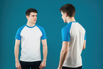 Front and back view of a man wearing a white t-shirt with blue raglan sleeves and jeans on a neutral background