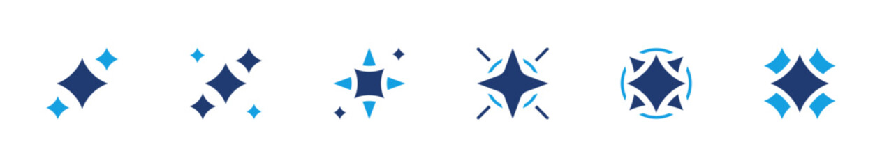 Sparkle icons solid style in blue theme, collection of shine, twinkle, glow, bright star symbols for UI, web, and app interface