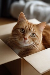 Adorable ginger cat relaxing inside a cardboard box at home