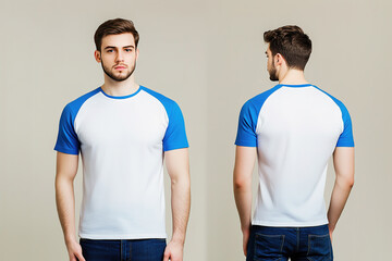 Front and back view of a man wearing a white t-shirt with blue raglan sleeves and jeans on a neutral background