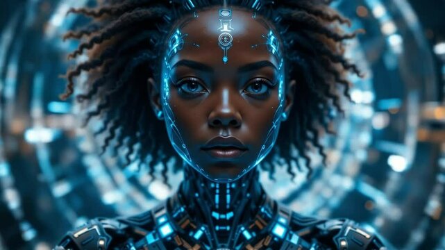 A humanoid African-American woman during the singularity symbolizes agent autonomy and future AGI technology using super intelligence. 4k video