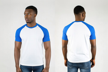 Front and back view of a man wearing a white t-shirt with blue raglan sleeves and jeans on a neutral background