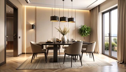 Elegant Modern Dining Room Interior with Stylish Furniture and Warm Lighting