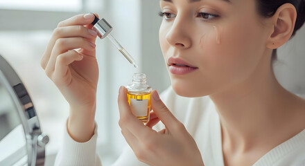 Fototapeta premium A woman is applying facial cream in front of a mirror.