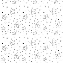 A sweet and simple seamless pattern of hand-drawn sleeping stars, hearts, and sparkles. This gentle black and white doodle design is perfect for nursery decor, bedtime themes, or coloring book pages