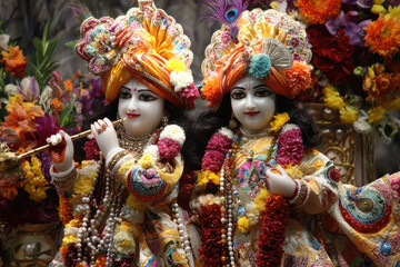 Devotional scene in iskcon temple with Krishna idols