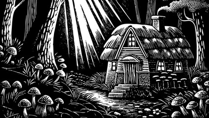 A forest cottage surrounded by mushrooms, flowers, soft moss, sunlight rays, trees, and calm atmosphere black and white line art illustration