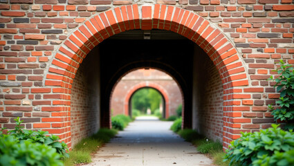 Brick archway tunnel with repeating red and brown arches, leading to a peaceful garden path. The perspective view emphasizes symmetry and depth in a serene architectural setting.