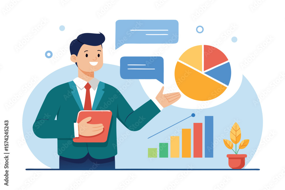 Poster business professional presenting data charts and pie graph with speech bubbles