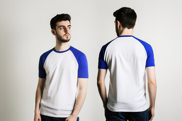 Front and back view of a man wearing a white t-shirt with blue raglan sleeves and jeans on a neutral background