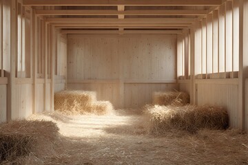 Sleek wooden pig sty with bright natural light, cozy straw bedding, rustic-modern charm.