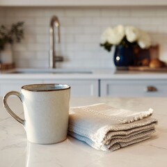 Cozy Kitchen Scene with Mug, Towels, and Fresh White Flowers