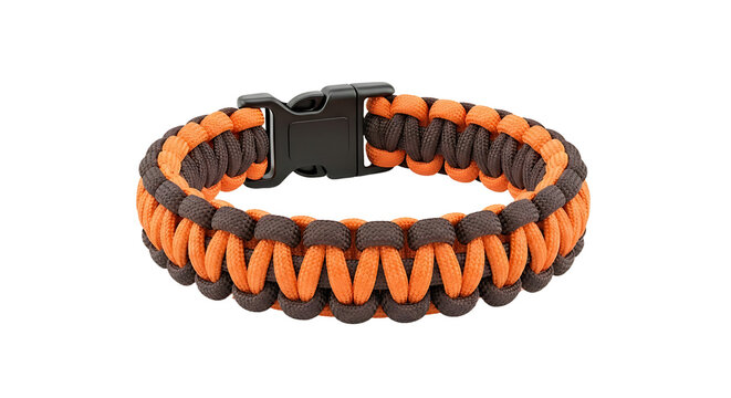 Handmade orange and brown paracord survival bracelet with a buckle closure on white