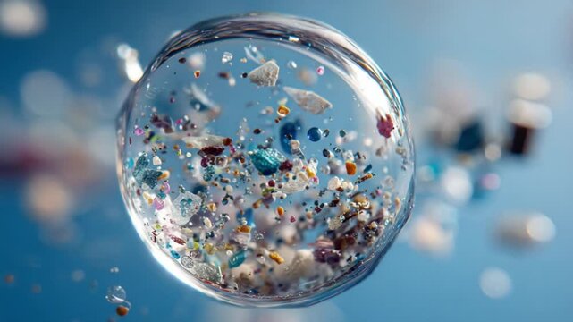 Microscopic view of microplastic particles in clear water droplet