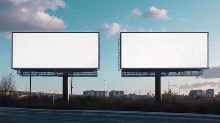 Dual blank billboards against urban skyline in evening light